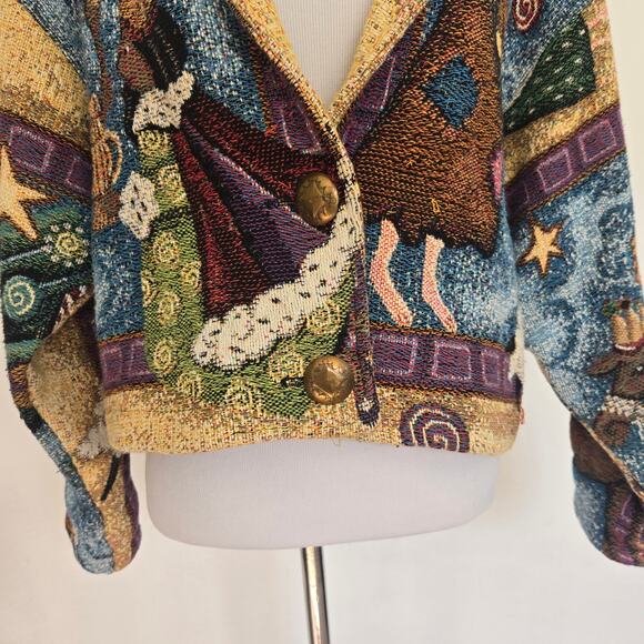 Rare Vintage Nativity Tapestry Jacket Cropped Painted Pony Art To Wear Small - Picture 7 of 15